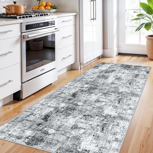 3x7 Washable Non-Slip Kitchen Runner Rug – Modern Abstract Neutral Gray Carpet - Image 3
