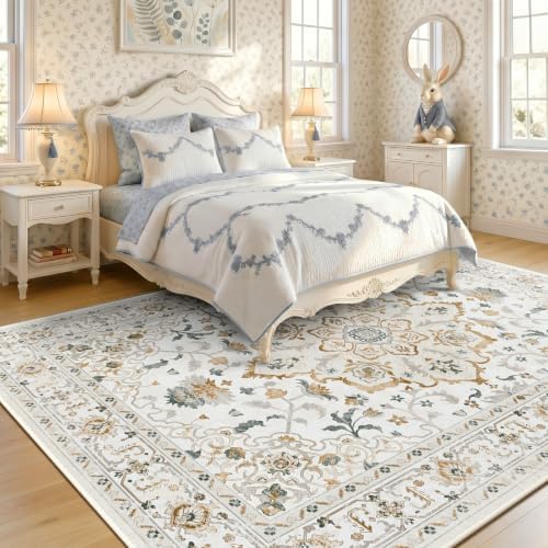 CAPALOCA 5x8 Washable Nursery Girls Low Pile Area Rug Beige White - Image 2