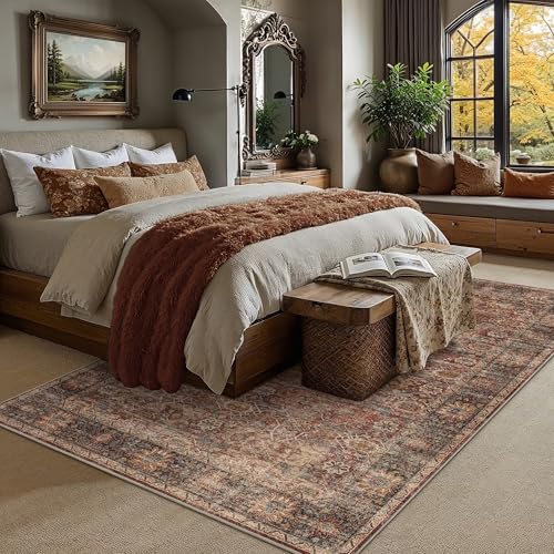 5x7 Washable Rug for Living Room Brick Red Vintage Distressed Bedroom Rug - Image 3