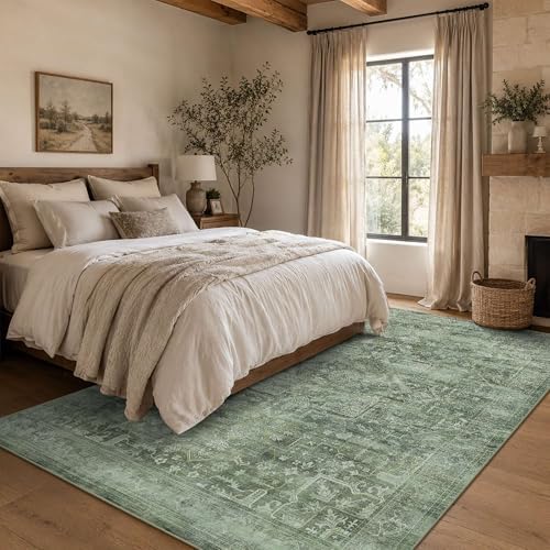 4x6 Washable Boho Area Rug, Non-Slip Teal Green Bedroom Carpet by LULLOSA
