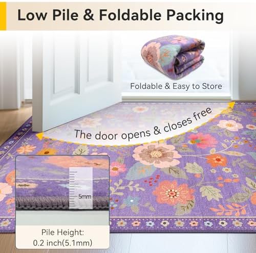 Floral Washable 2x4 Area Rugs Runner Entryway Hallway Purple/Pink - Image 6