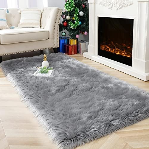2x6 Grey Faux Fur Runner Rug Fluffy Soft Washable by ModernHomeDecor