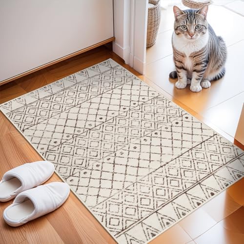 2x3 Small Rug Washable Rug: Moroccan Kitchen Low Pile Area Rugs Beige by BYYVOORugsforYourHome