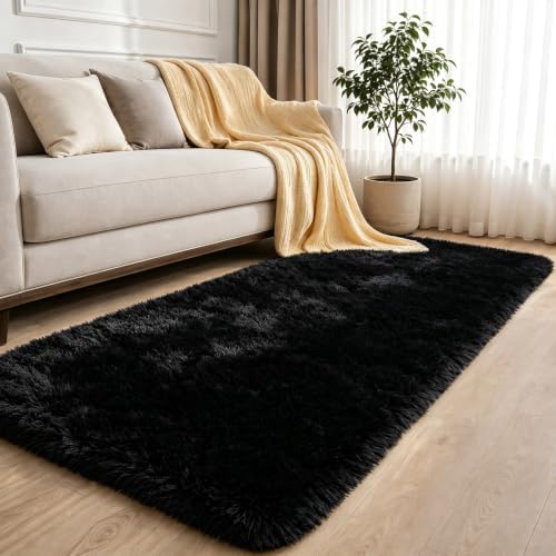 2x6 Black Fluffy Runner Rug for Hallway and Bedroom, Washable Soft Shaggy Carpet by NEIGELUO