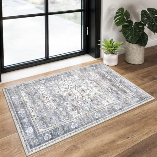 KUTA Vintage 2x3 Entryway Rug, Washable Small Area Rug Grey Blue by KUTA