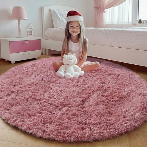 Blush Fluffy Round Rug Circle Area Rugs 4ft - Image 3