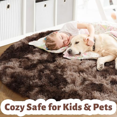 Amdrebio Brown Tan Round Fluffy Kids Area Rug 5Ft - Image 4