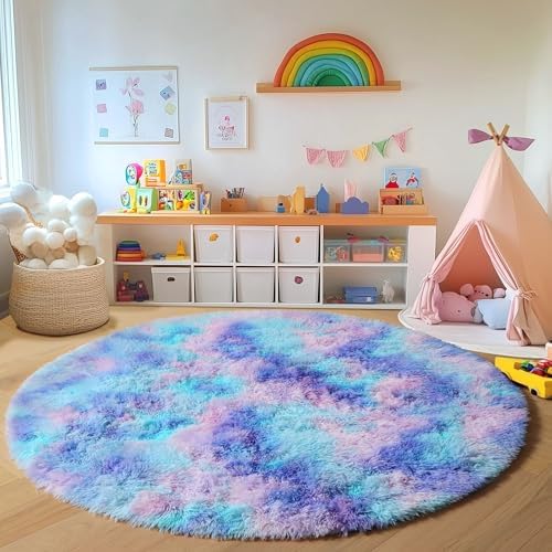 Rainbow Fluffy Round Rug Circle Area Rugs 4ft - Image 3