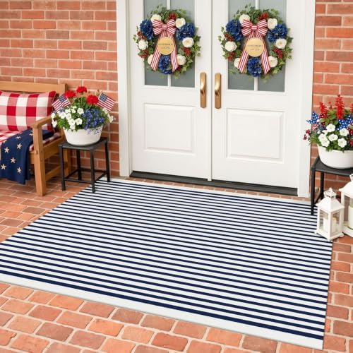 KILOCOCO Blue White Striped Rug 4x6 ft Front Door Mat Indoor Washable Rug - Image 3