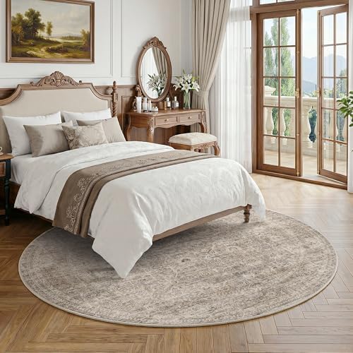 FMFUNCTEX 6ft Round Washable Taupe Vintage Large Area Rug - Image 2