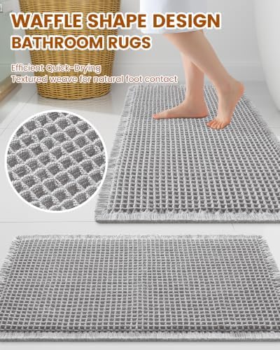 Smiry Waffle Bath Mat 47X24, Extra Soft Absorbent Bathroom Rugs, Light Grey - Image 3