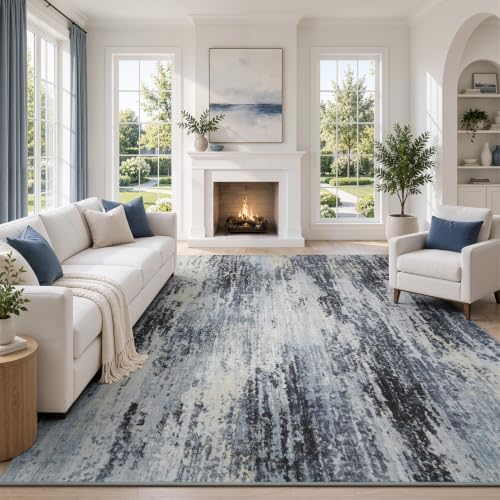 9x12 Area Rug for Living Room, Abstract Washable Non-Slip Rugs, Dark Grey by Lofus