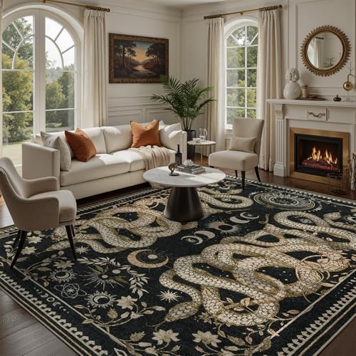 DCX 7x9 Snake Rug for Living Room: Gothic Washable Indoor Carpet Black by DCXWashableRug