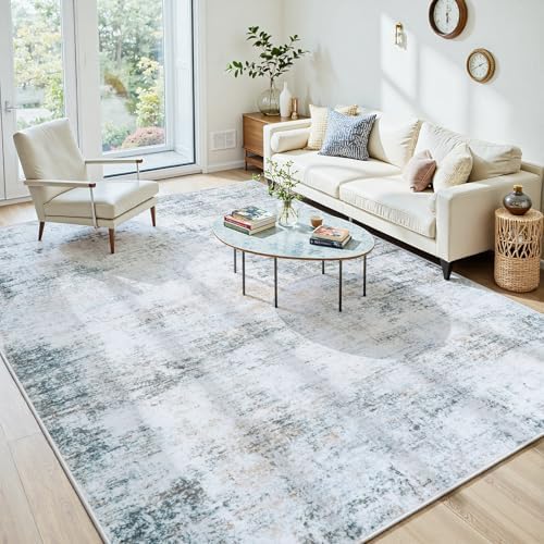9x12 Washable Area Rug for Living Room Bedroom: Non-Slip Modern Blue Grey - Image 2