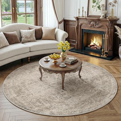 FMFUNCTEX 6ft Round Washable Taupe Vintage Large Area Rug by Fmfunctex