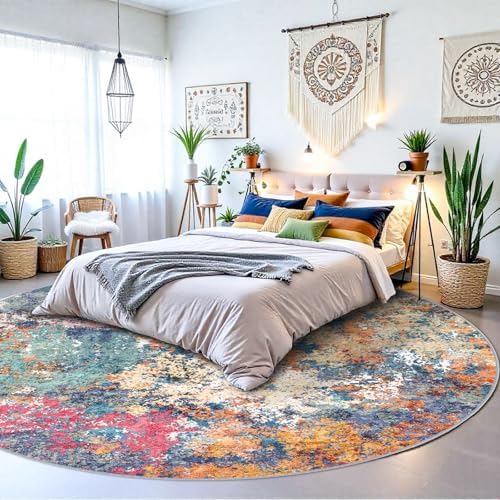 Abstract 9ft Round Rug: Large Washable Non Slip Area Rug Multi Colorful - Image 2