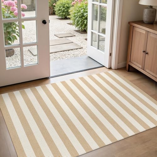 Rugalia Washable Woven Entryway Rug 3x5, Natural Beige Striped Indoor Outdoor - Image 5