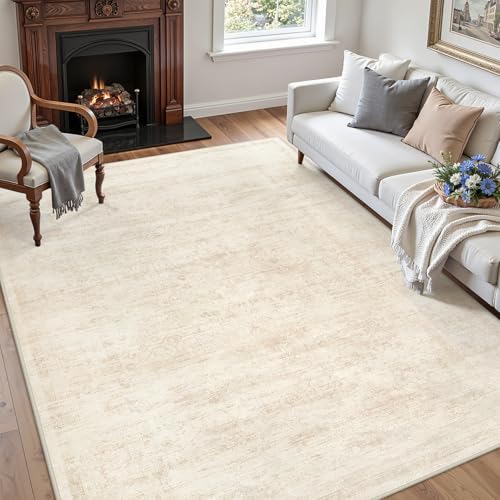 Area Rugs 5x7 Living Room: Washable Bedroom Neutral Carpet Retro Beige - Image 3