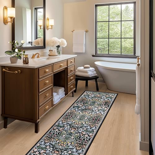 PLHXFR 2.6x8 Washable Runner Rug：Floral Indoor Kitchen Carpet Dark Black - Image 5