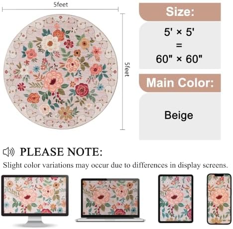 DUKINO 5ft Round Rug, Non Slip Floral Washable Small Circle Rug - Image 2