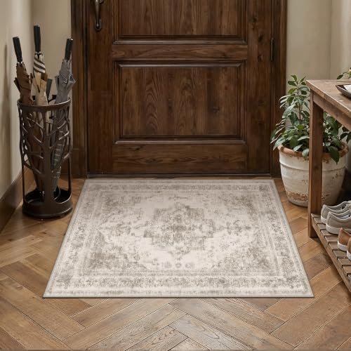 2x3 Entryway Area Rug Taupe Vintage Distressed Netural Carpet by Berthmeer