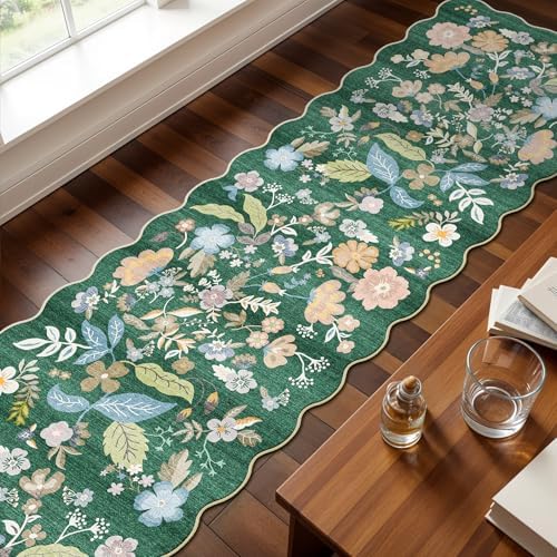 2x10 Washable Hallway Runner Rug: Scalloped Floral Long Kitchen Rugs Green - Image 2