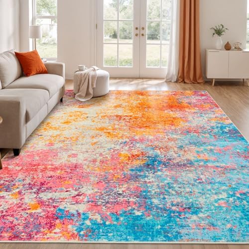 Rugflix 7x9 Area Rugs for Living Room, Washable Colorful Rainbow Large Rug by RugflixAreaRugs