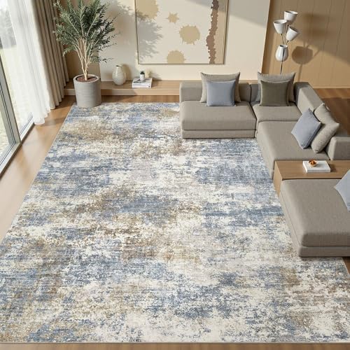 10x12 Area Rugs for Living Room Washable Abstract Rug Blue/Gold by Natunest