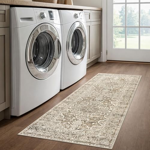 KUTA Vintage Washable Runner 2x5 Beige Brown 5ft Hallway Kitchen Runners - Image 4