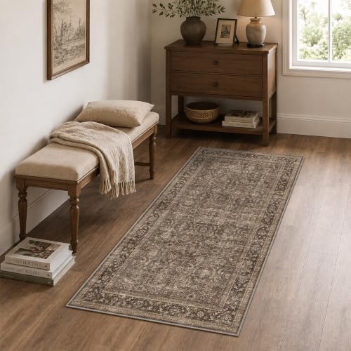 JOOJA 2x4 Brown Vintage Low Pile Non Slip Washable Boho Kitchen Runner Rug - Image 3