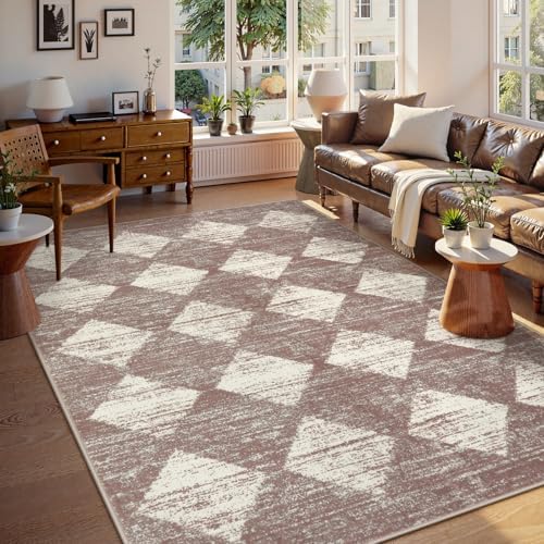 Lahome Checkered 6x9 Area Rug Beige Machine Washable Non Slip Living Room by Lahome