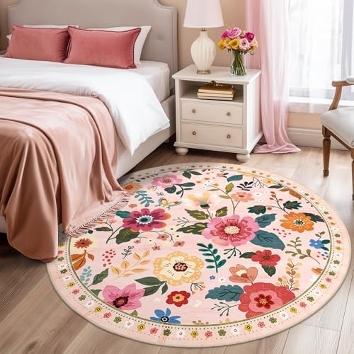 RELEANY Floral Washable Round 6ft Area Rug Pink by RELEANY