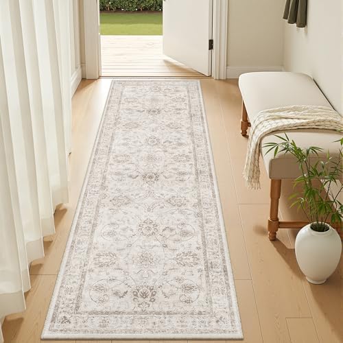 Madane Washable Runner Rug 2x5, Vintage Kitchen Hallway Rug Brown/Ivory - Image 2