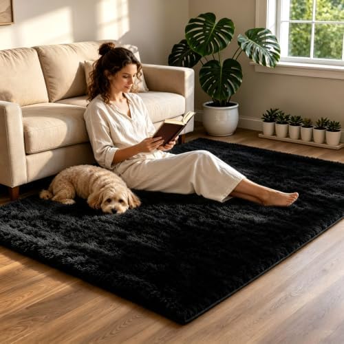 3x5 Black Fluffy Area Rug for Bedroom and Living Room, Washable Soft Shag Carpet by NEIGELUO
