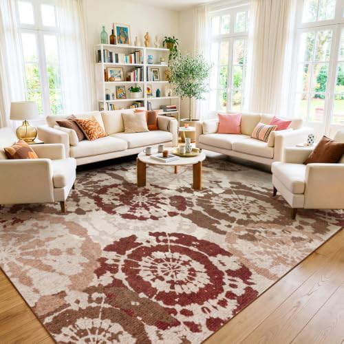 Large Boho Modern 8x10 Area Rug, Terracotta & Beige Low-Pile Washable Rug - Image 7