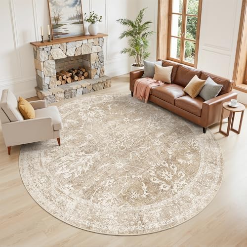 Madane Washable Round Rug 9ft for Living Room, Soft Neutral Rug Beige/Brown by Madane
