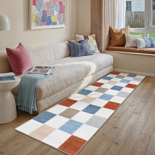 PureCozy 2x8 Washable Runner Rug Kitchen Colorful Non Slip Checkered Carpet by PureCozy