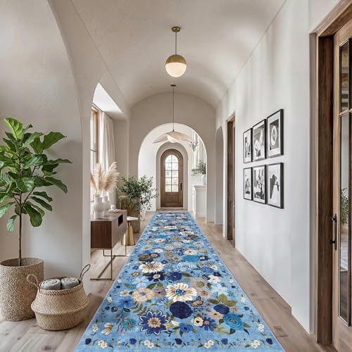 Blue Floral Hallway Runner Rug for Bedroom Kitchen by WelcometoBabovid
