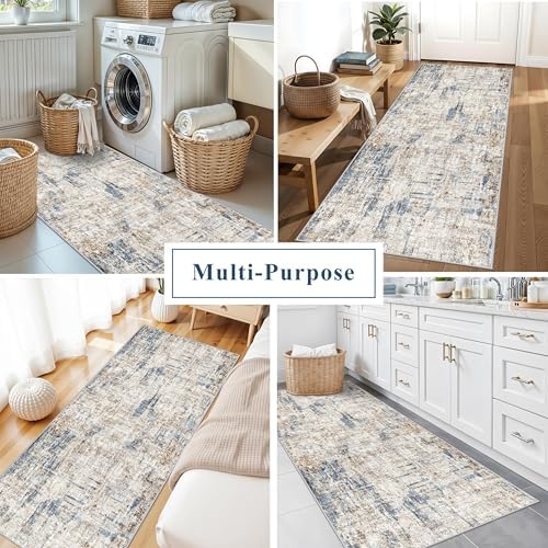 3x7 Washable Non-Slip Kitchen Runner Rug – Modern Abstract Neutral Carpet - Image 4