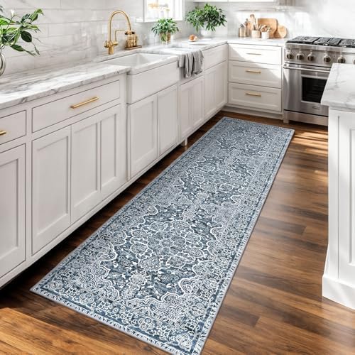 KUTA Vintage Washable Runner Rug 2x7 Blue White Hallway Kitchen Runners - Image 2