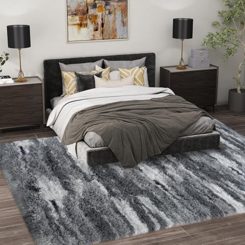 5x7 Shag Rugs for Living Room, Washable Abstract Grey - Image 2