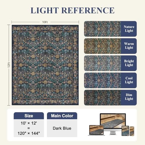 DUKINO 10x12 Area Rug for Living Room Vintage Floral Washable Rug Dark Blue - Image 2