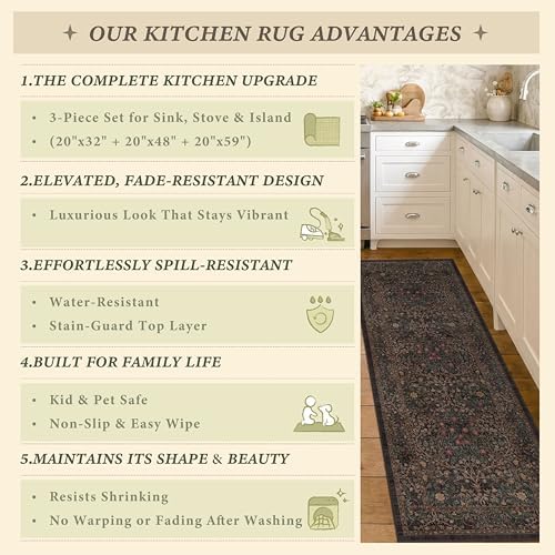 JTJ Taupe Brown Kitchen Rug Set of 3, Washable Non Slip Mats - Image 6
