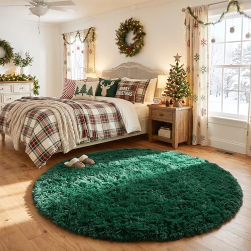 Amdrebio Dark Green Furry Round Circle Area Rug 5Ft by Amdrebio