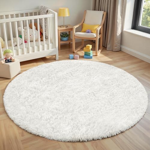 White Round Fluffy Rug 5ft Plush Fuzzy Shaggy Carpet by Unknown