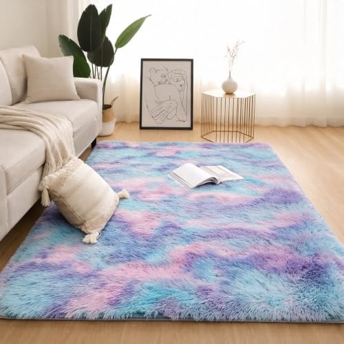 4x6 Blue Rainbow Fluffy Area Rug - Image 3