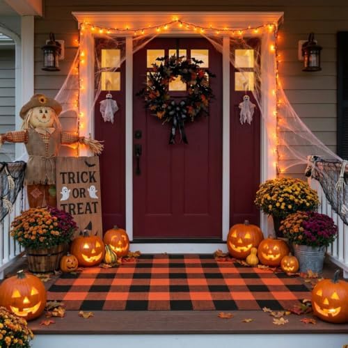 MUBIN Fall Decor Cotton Buffalo Plaid Rug, Washable Halloween Doormat Foldable - Image 3