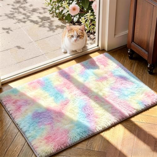 2x3 Rainbow Fluffy Area Rug for Bedroom and Bedside, Washable Soft Shag Carpet - Image 4
