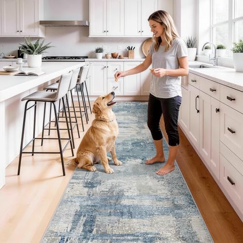 2.6x12 Extra Long Runner Rug: Blue Grey Abstract Washable Non Slip Rug - Image 3