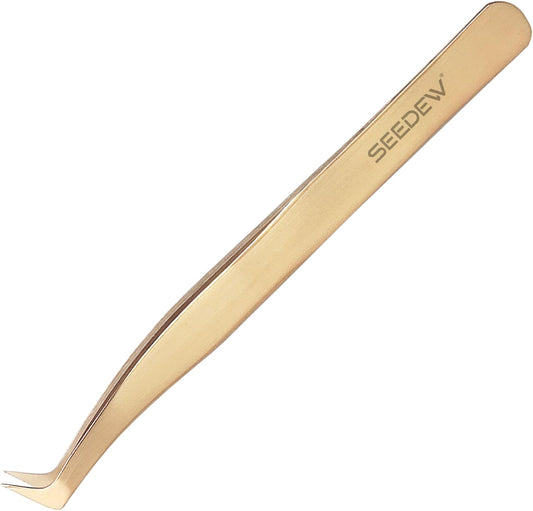 Tweezer Eyelash Extensions 1 PCS Stainless Steel 90 Degree Pointy Boot L Shape Tweezer Isolation Professional Precision Supplies Application Tools for Lash Tech Artist Beginner(Golden)